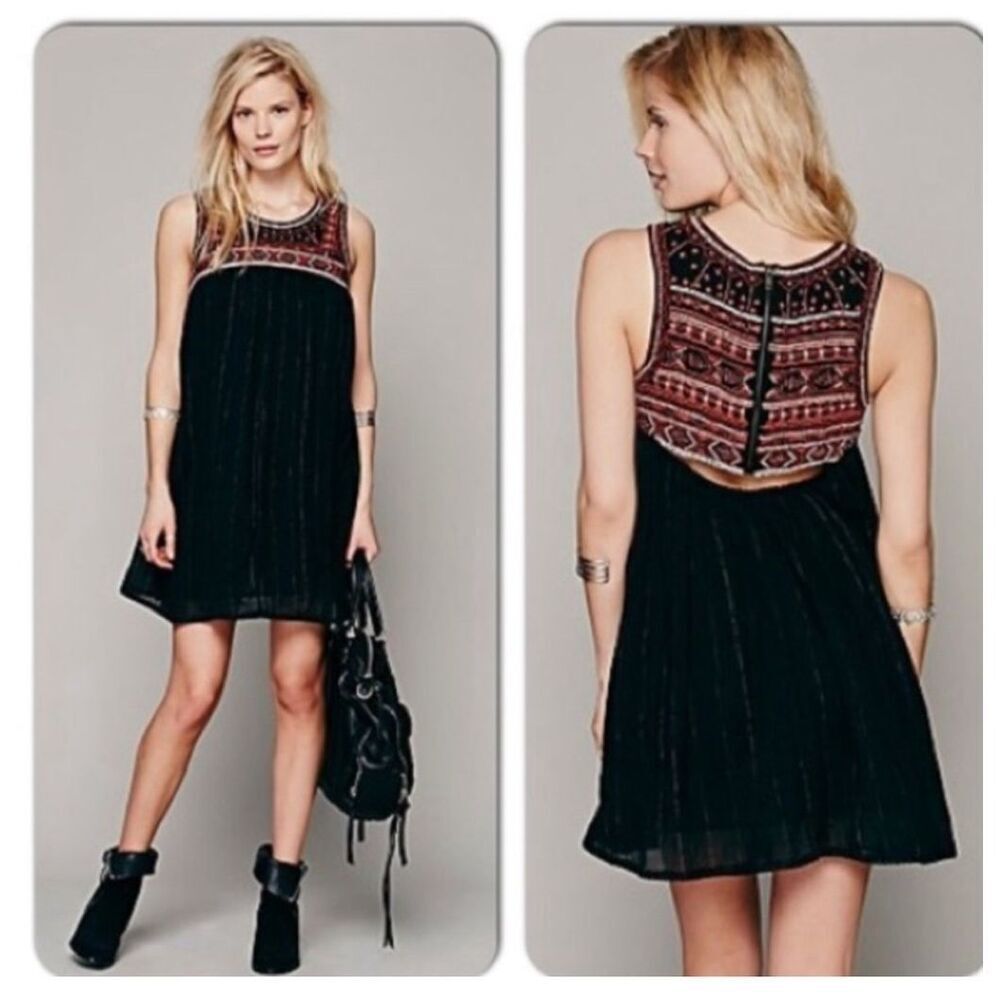 Free People Aztec Embroidered Beaded Swing Dress Open Back $168 2